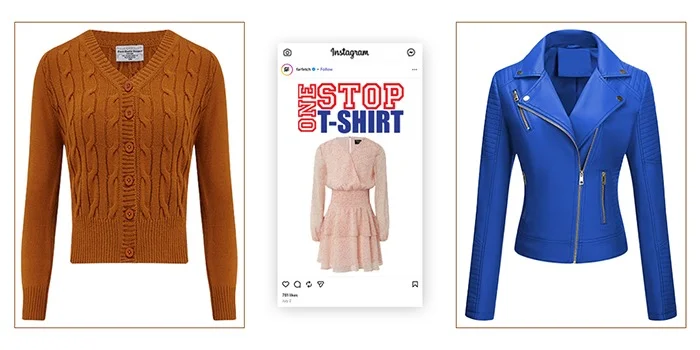 rust cable-knit cardigan and blue moto jacket beside an Instagram post mockup, social media photo editing