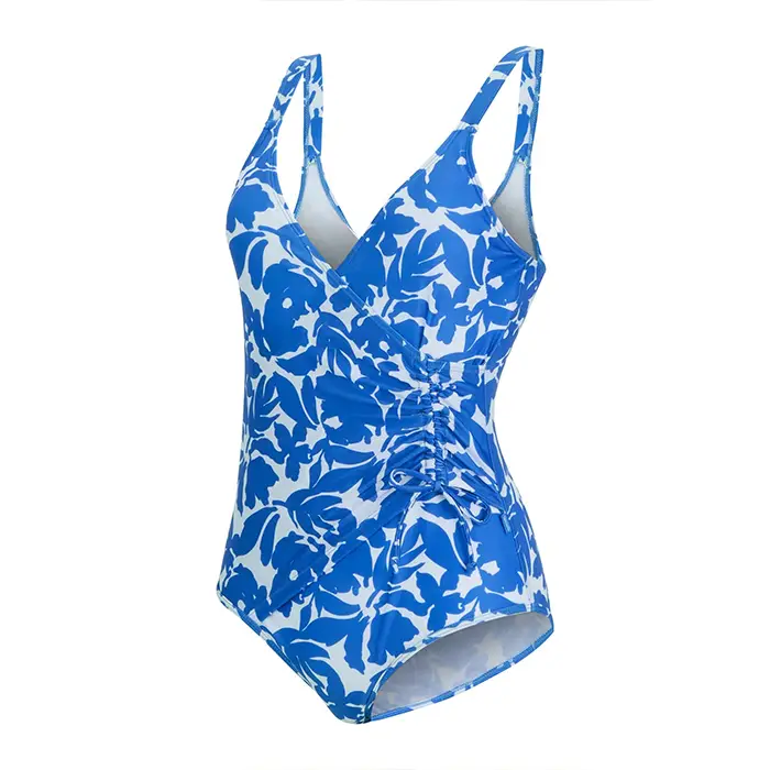 blue and white floral one-piece swimsuit after ghost mannequin editing, model removed, hollow interior