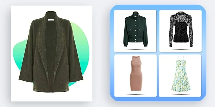 olive open-front cardigan beside clipped jacket, lace top, dress and sundress thumbnails, clipping path portfolio