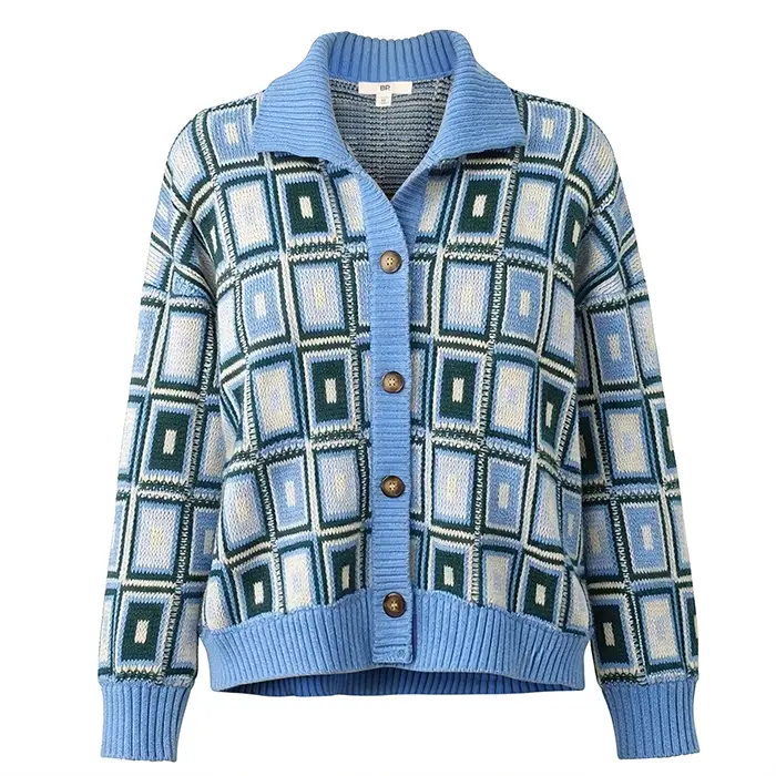 blue green cream patchwork knit cardigan after ghost mannequin editing, hollow collar, brand tag visible