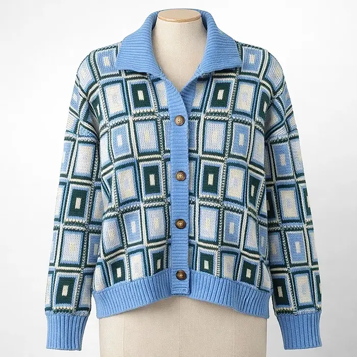 blue green cream patchwork knit cardigan on dress form before ghost mannequin editing