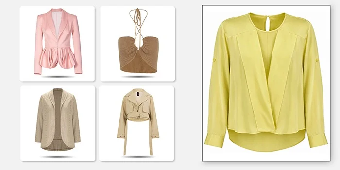 ghost mannequin sleeve and bottom joint technique, yellow blouse with clipped garment examples