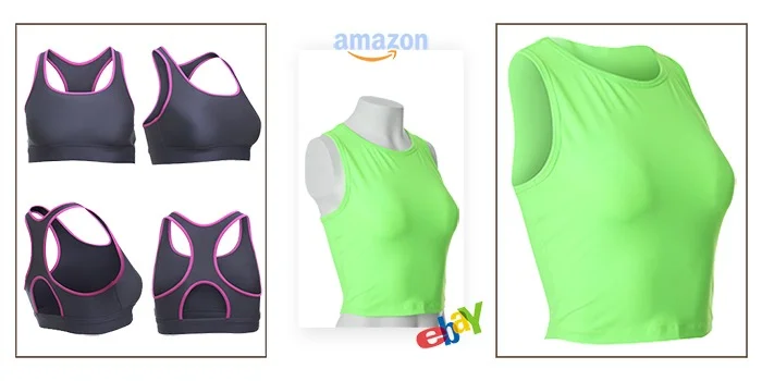 navy sports bras multi-angle beside amazon mannequin shot and ebay green tank, marketplace photo editing