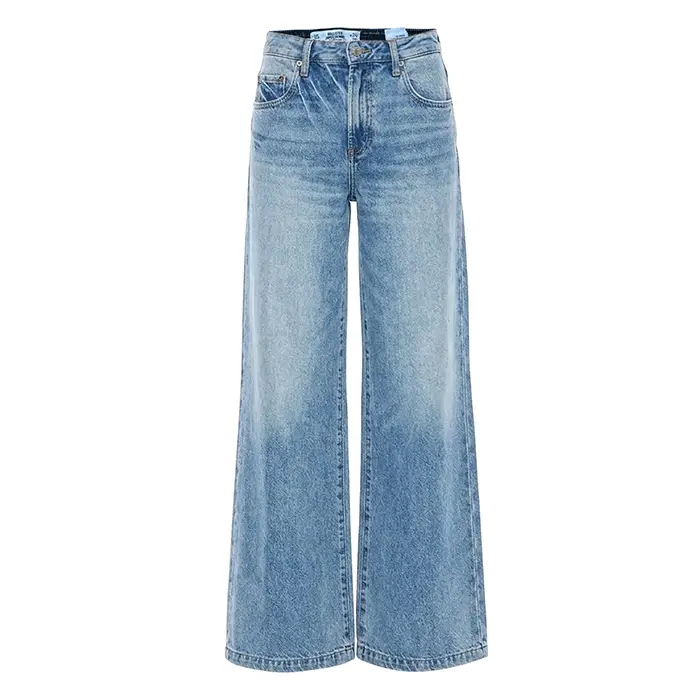 light wash wide-leg denim jeans after ghost mannequin editing, clean waistband, tag retouched