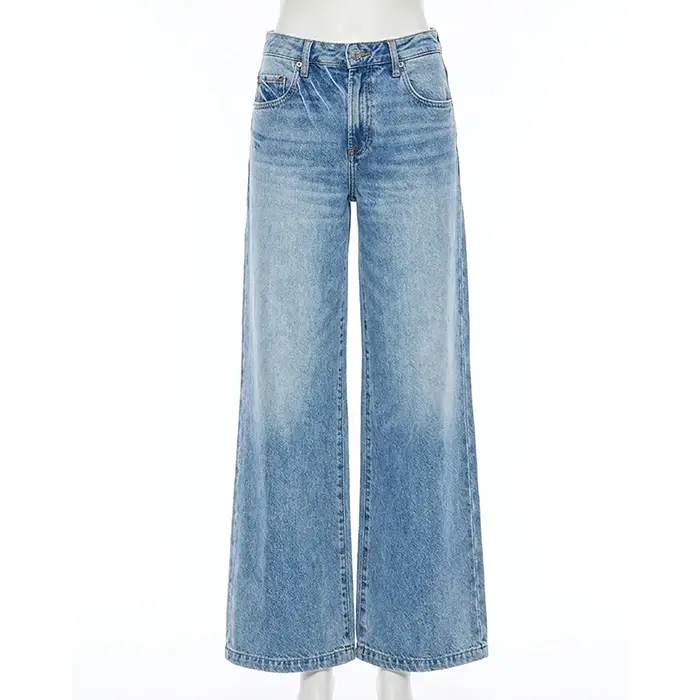light wash wide-leg denim jeans on leg form before ghost mannequin editing, waistband gap visible