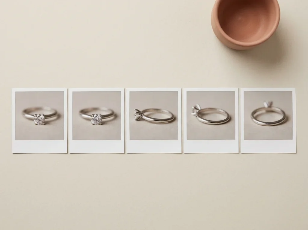 Five-frame focus stack of a jewelry ring showing the sharp band shifting front to back