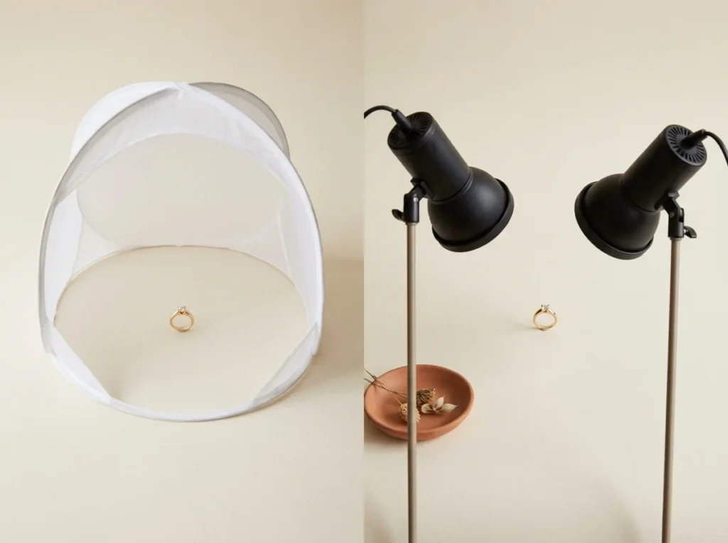 Side-by-side light tent and two-flash setup for jewelry photography lighting