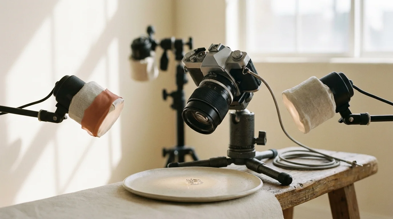 Macro camera and two-flash lighting setup angled at a diamond ring before retouching