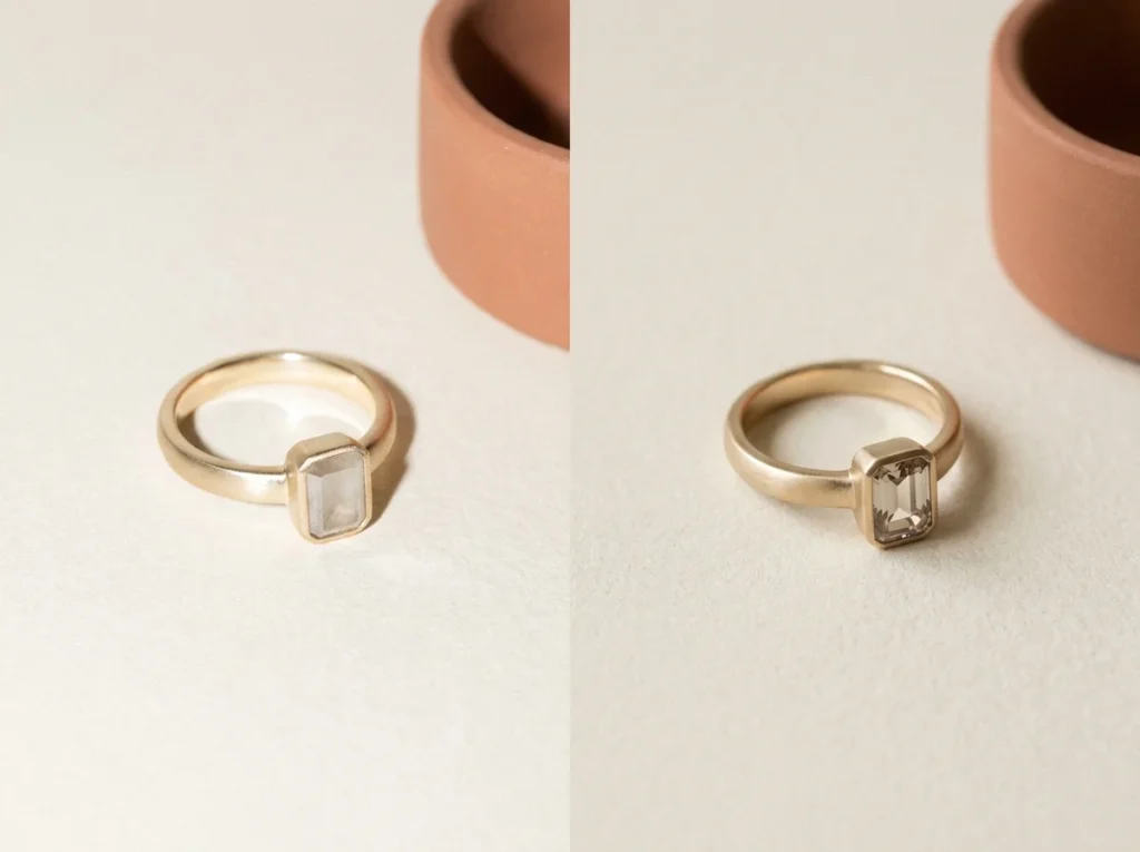 Ring photo comparison, blown metal highlight against a controlled 45-degree light