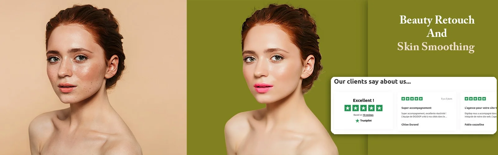 acne-scarred cheek before and after portrait retouching, Photoshop layer stack visible between the two frames