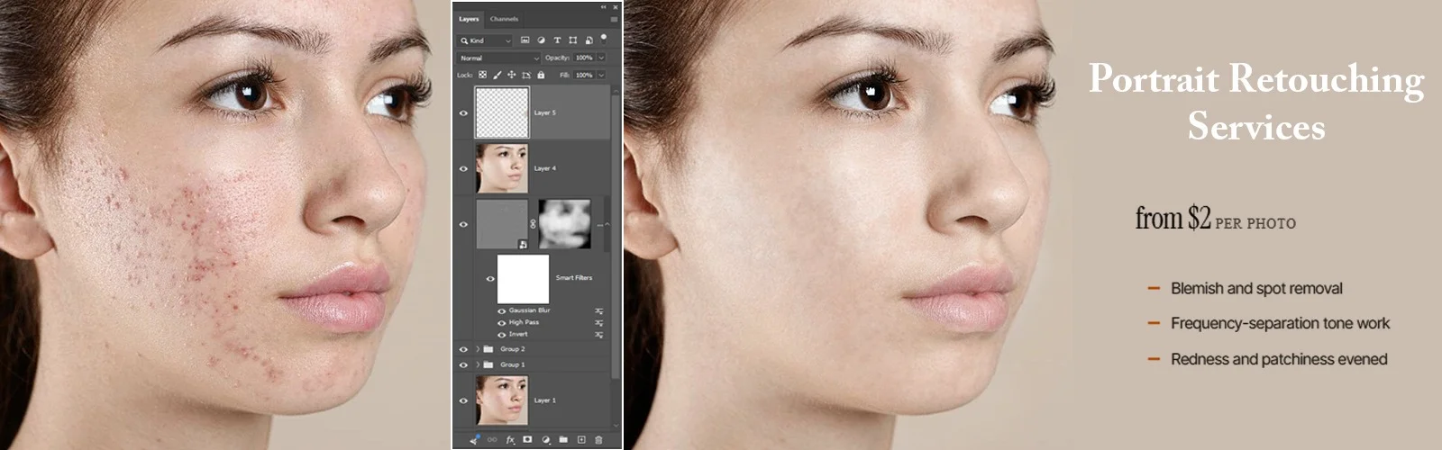 redhead portrait before and after skin smoothing, freckles softened, background changed to olive green