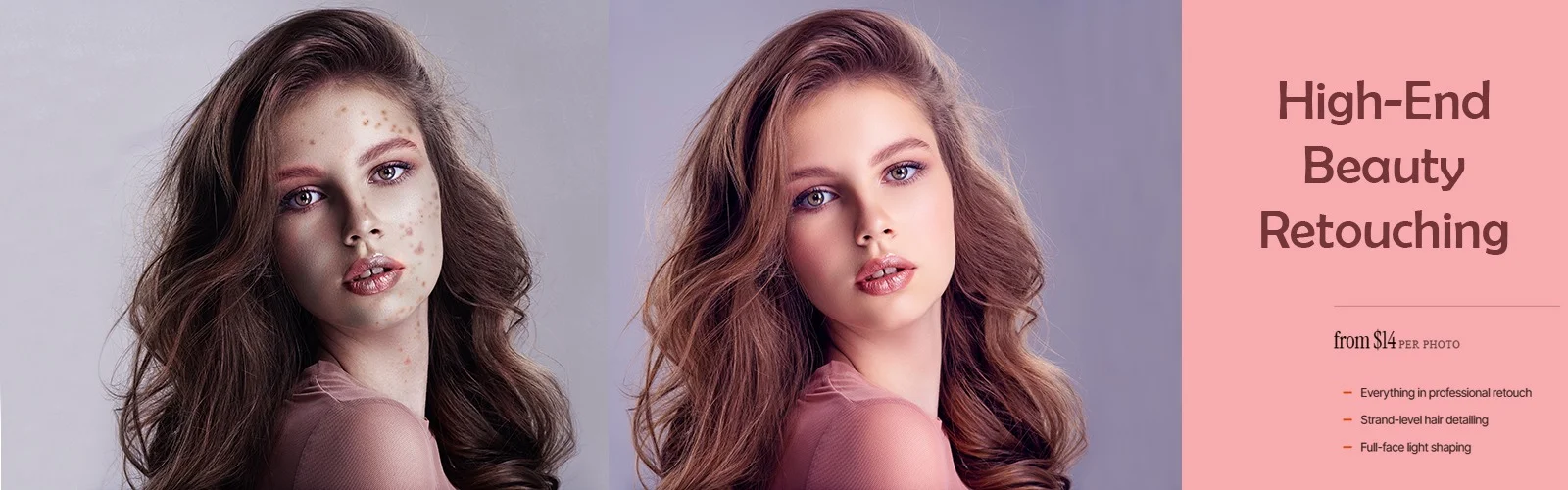 brunette studio portrait before and after blemish and pigmentation removal on a gray backdrop