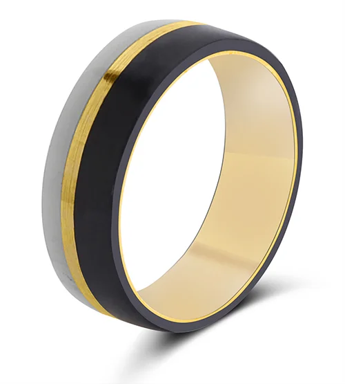 Ring retouching result: a black and gold inlay men's band polished and cut out on a clean white background
