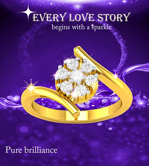 Purple sparkle banner for a gold cluster ring, headed 'Every love story begins with a sparkle' and 'Pure brilliance'