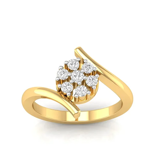 Yellow gold cluster ring with seven round stones in a leaf-shaped setting, cut out on a white background