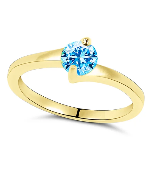 Jewelry image editing result: a yellow gold solitaire twist ring with a bright blue round stone on pure white