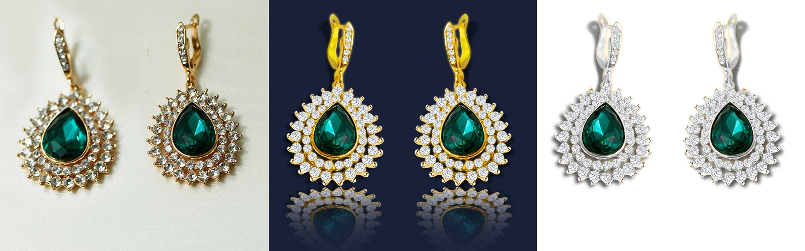 Before and after of green pear-cut drop earrings: soft original, then sharp gold and silver versions on clean backgrounds