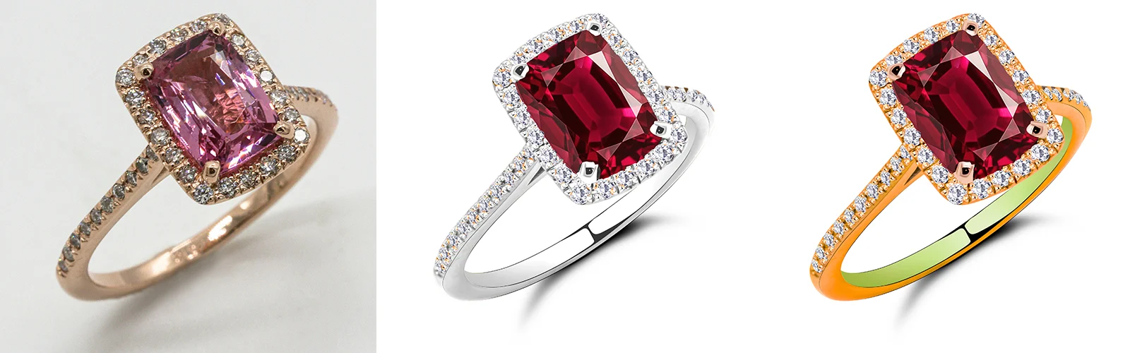 Jewelry image editing before and after: a cushion-cut halo ring recolored from pale pink to deep red, in white gold and gold