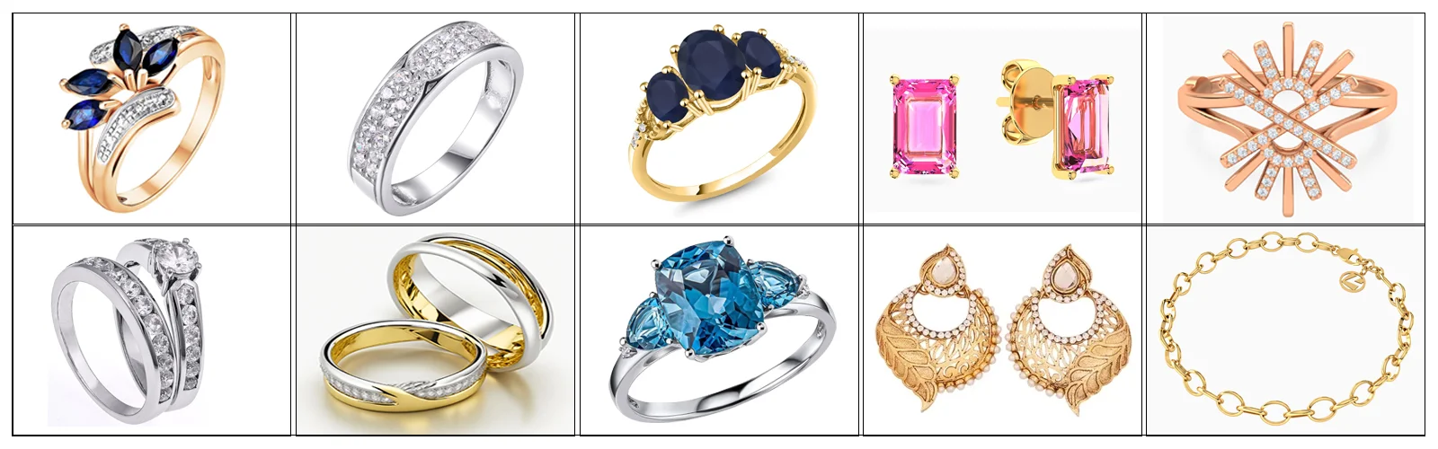 Grid of ten jewelry photo retouching samples: sapphire, topaz and diamond rings, gold earrings and a bracelet