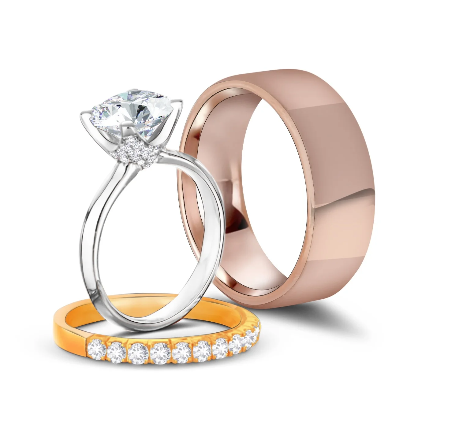 Three rose gold rings on a glossy surface: a solitaire, a wide brushed band and a pavé eternity band