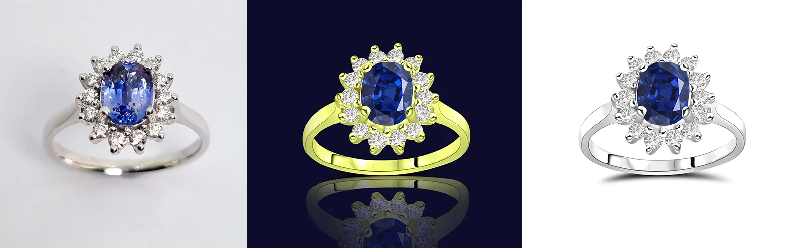 Before and after retouching of an oval sapphire halo ring: dull original, then yellow gold and white gold versions