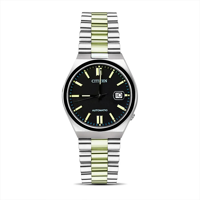 Steel automatic watch with a black dial and yellow-green markers, cut out on a pure white background